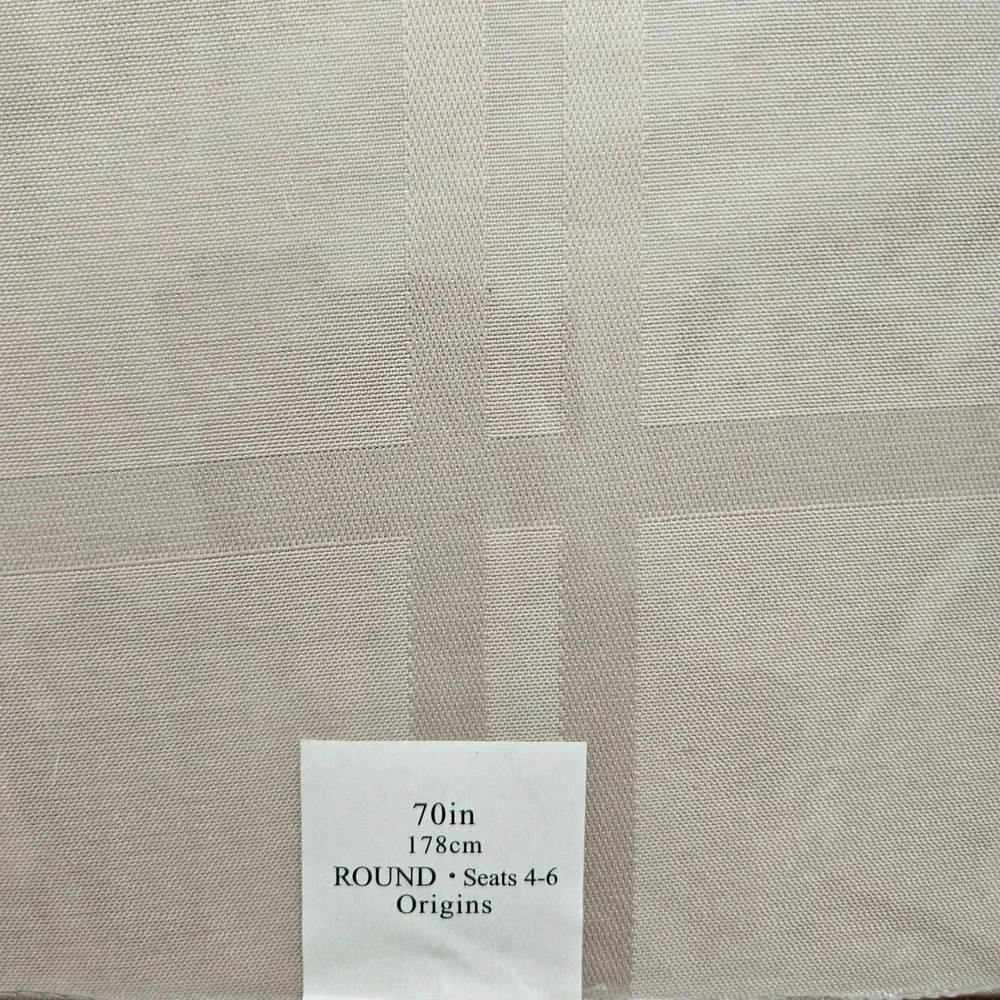 Origins Microfiber Tablecloth 70in Round Beige Spill Proof Grid Pattern NEW